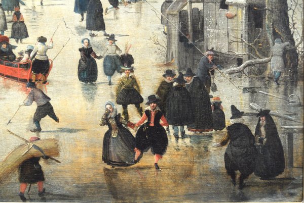 Питер брейгель «зимний пейзаж с катающимися на коньках и птицами»
