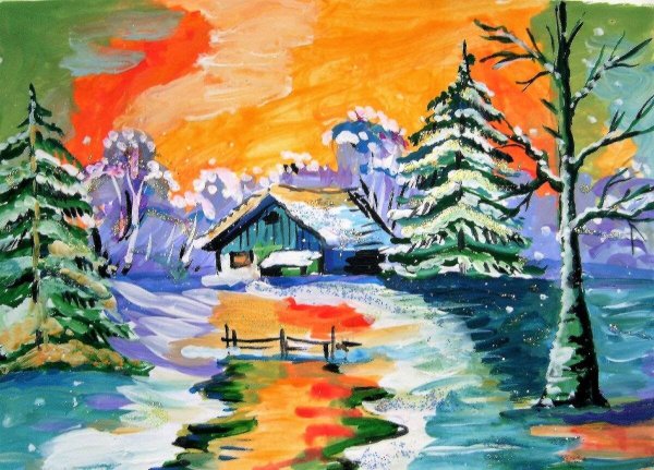 Рисование зимы красками