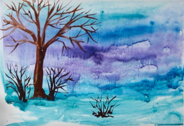 Елка в снегу гуашью