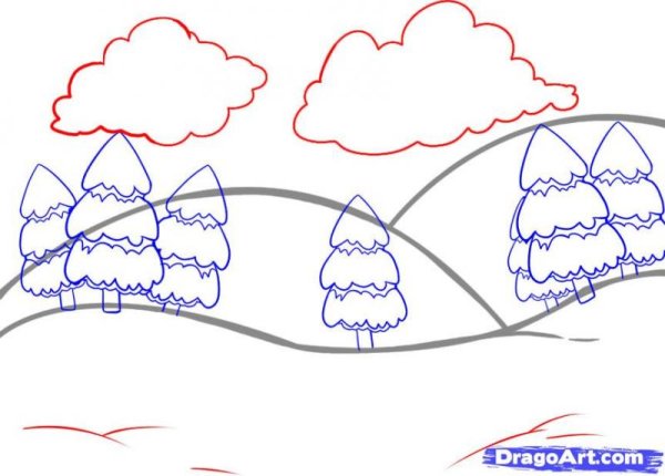 Зимний пейзаж поэтапное рисование