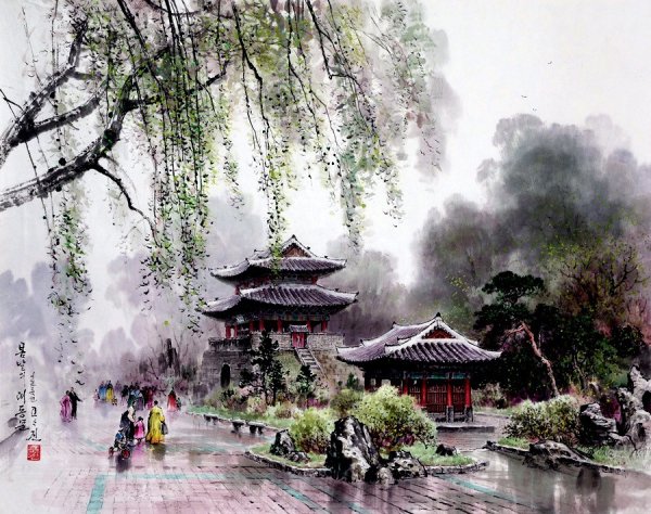 Корея Чхандоккун Сеул акварелью