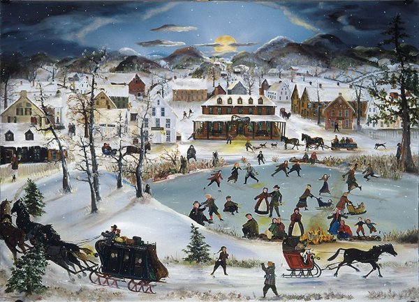 Питер брейгель «зимний пейзаж с катающимися на коньках и птицами»