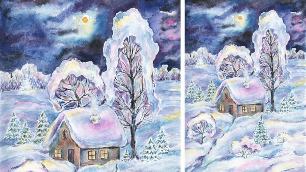 Зимний пейзаж рисунок акварелью