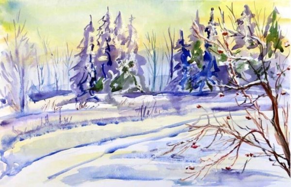 Зимний пейзаж цветными карандашами