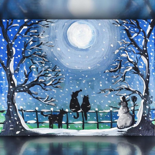 Ночной зимний пейзаж гуашью