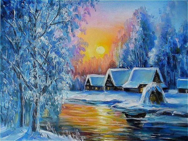 Новогодний пейзаж акварелью