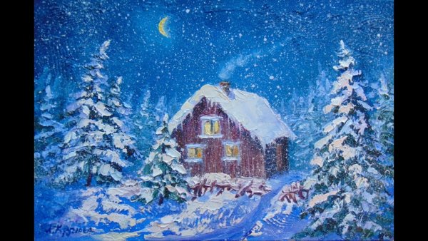 Зимний пейзаж гуашью