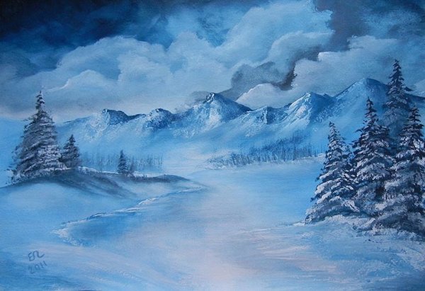 Зимний пейзаж красками