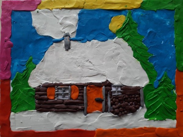 Домик из пластилина на картоне