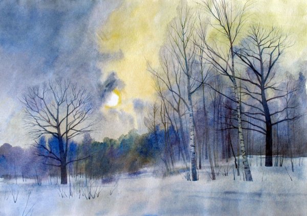 Пейзаж цветными карандашами зима