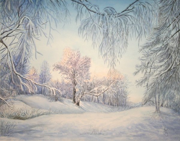 Зимний пейзаж цветными карандашами