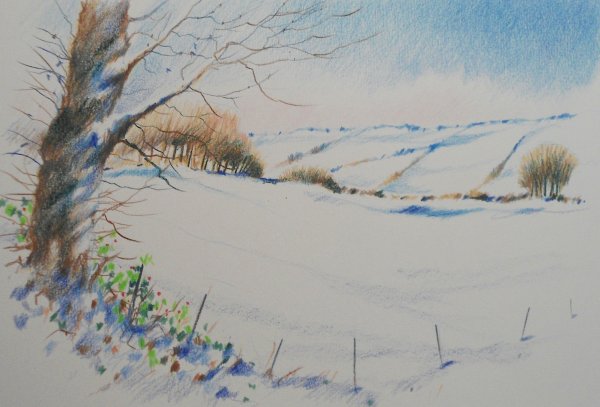 Зимний пейзаж цветными карандашами