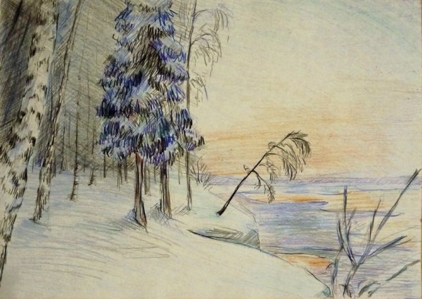 Зимний пейзаж цветными карандашами