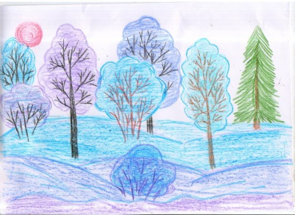 Зимний пейзаж цветными карандашами