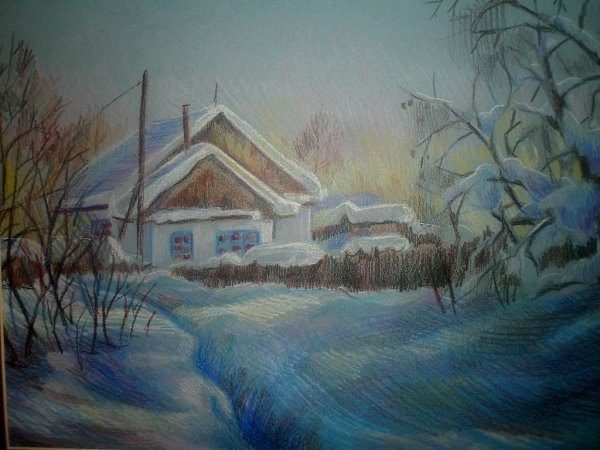 Пейзаж цветными карандашами зима