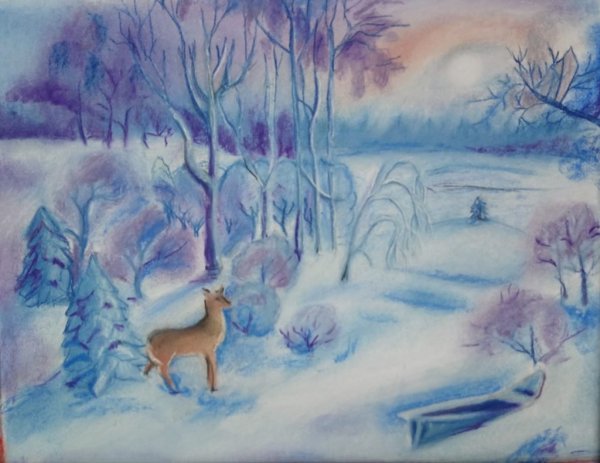 Зимний пейзаж цветными карандашами
