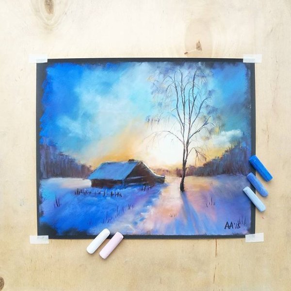 Пейзажи пастелью зимние лёгкие