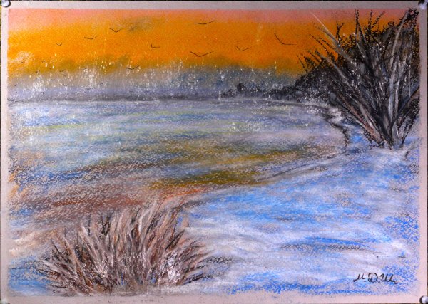 Зимний пейзаж масляной пастелью