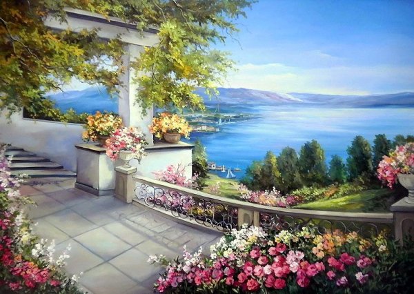 Пейзажи с цветами и домами