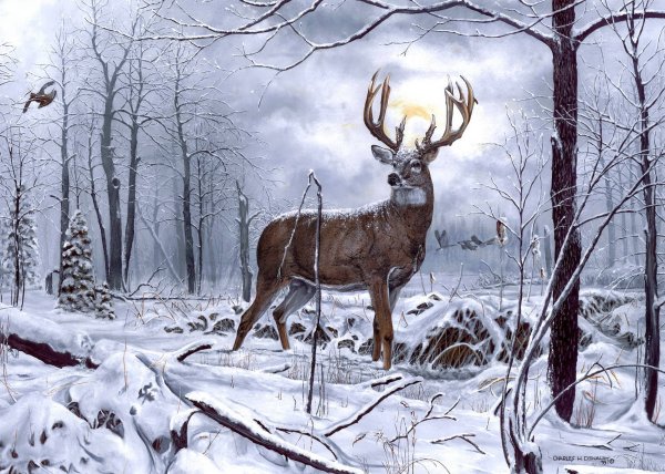 Олень в зимнем лесу