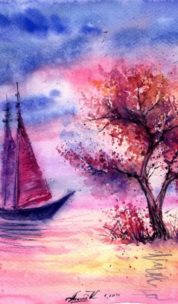 Морской пейзаж акварелью для начинающих