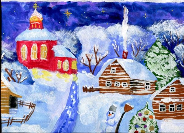 Зимний лес красками для детей