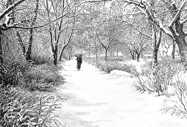 Зимний пейзаж в черно белом цвете рисунок
