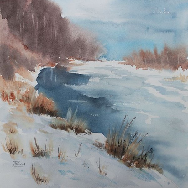 Акварель зима пейзаж Губина Екатерина