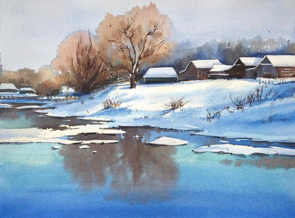 Зимний пейзаж акварелью Карелии