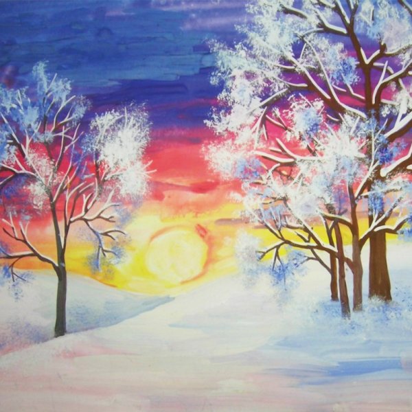 Зимний домик гуашью