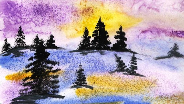 Зимний пейзаж акварелью для детей