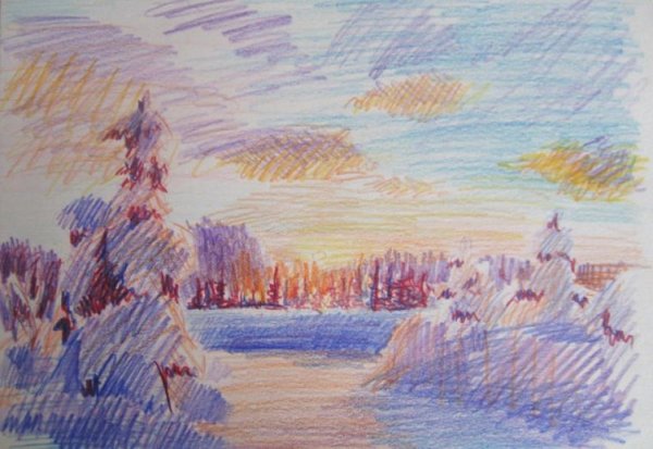 Пейзаж цветными карандашами зима