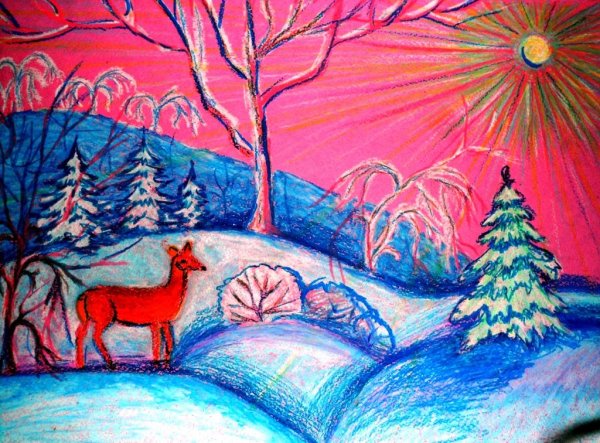 Зимний пейзаж цветными карандашами