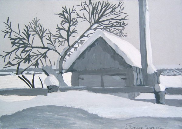 Рисование белой гуашью зимнего пейзажа