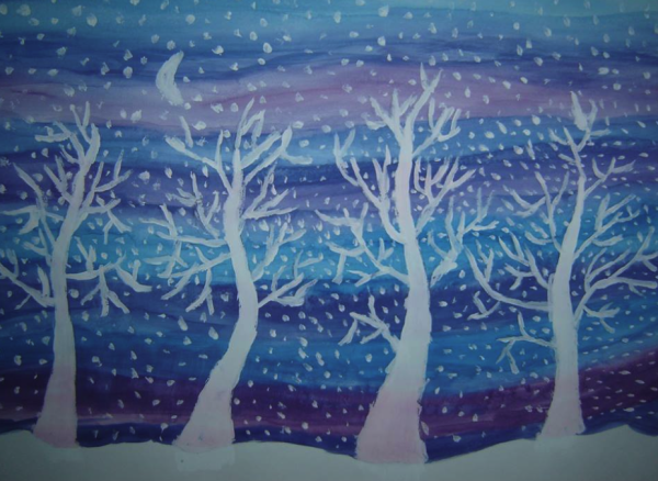 Зимний пейзаж белой гуашью