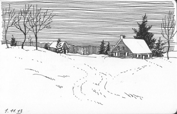 Пейзаж черной ручкой