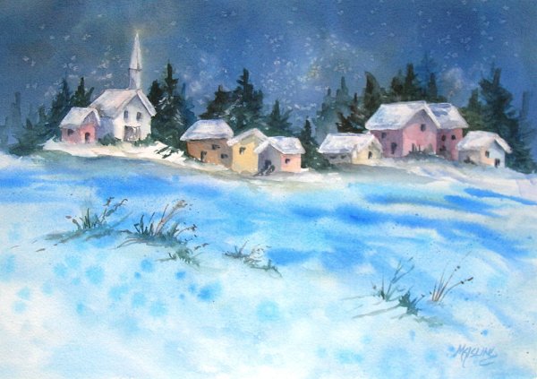 Зимняя ночь акварель