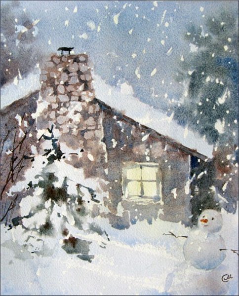 Рождественский пейзаж акварель