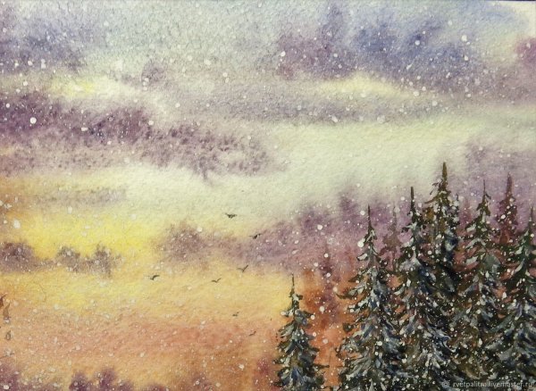 Зимний рассвет акварель