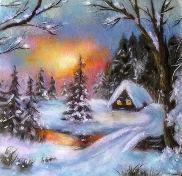 Шерстяная живопись зимний пейзаж