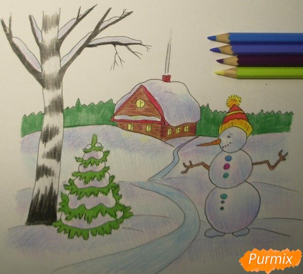 Зимний ночной пейзаж карандашом