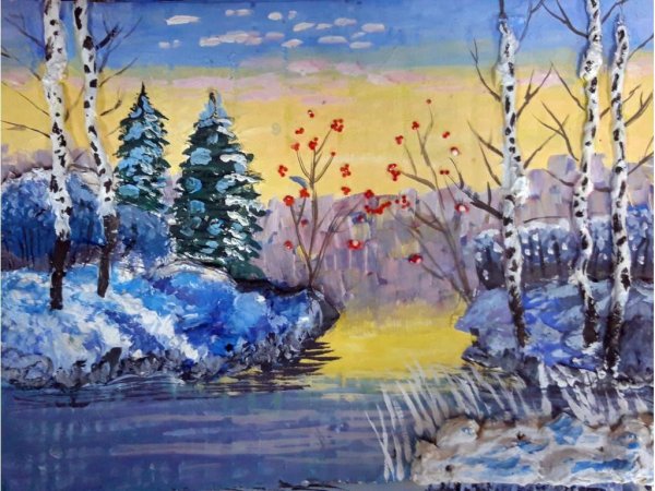 Зимний пейзаж гуашью для детей