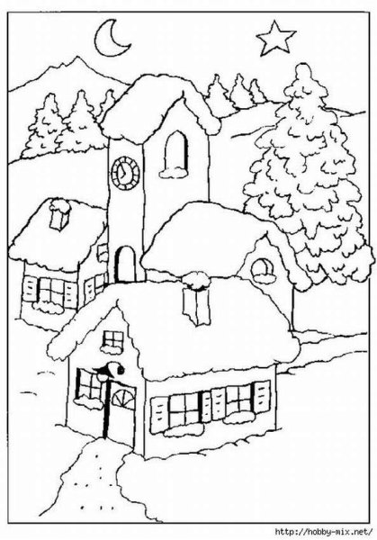 Зимний пейзаж раскраска для детей