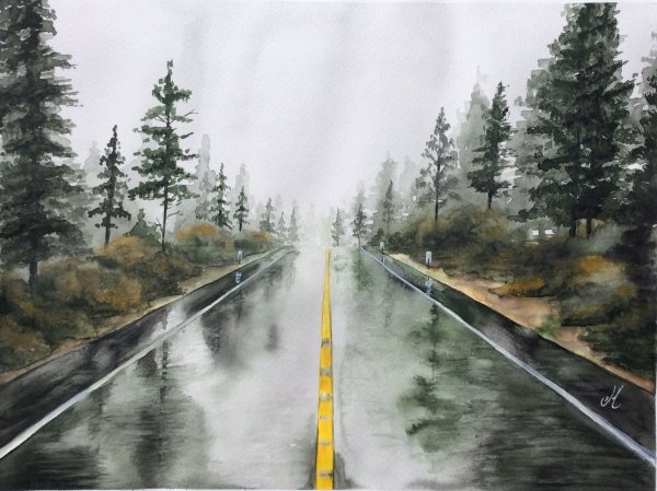 Пейзаж с дорогой акварель