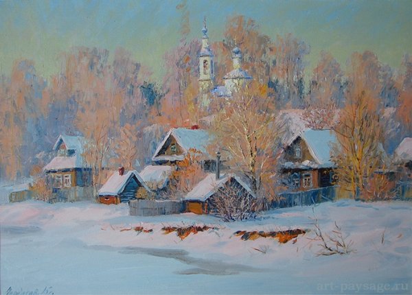 Зима в деревне живопись