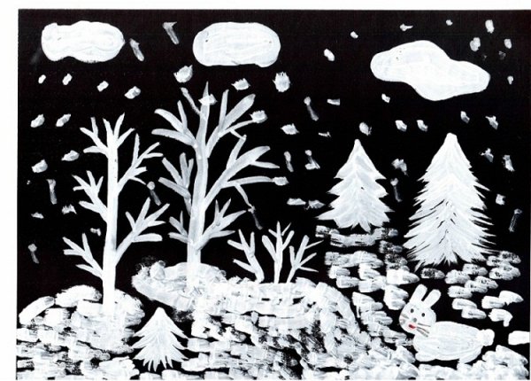 Зимний пейзаж на черной бумаге