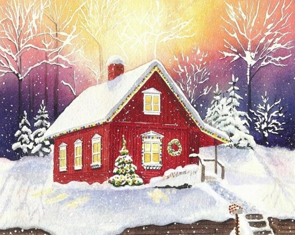 Зимний домик рисование