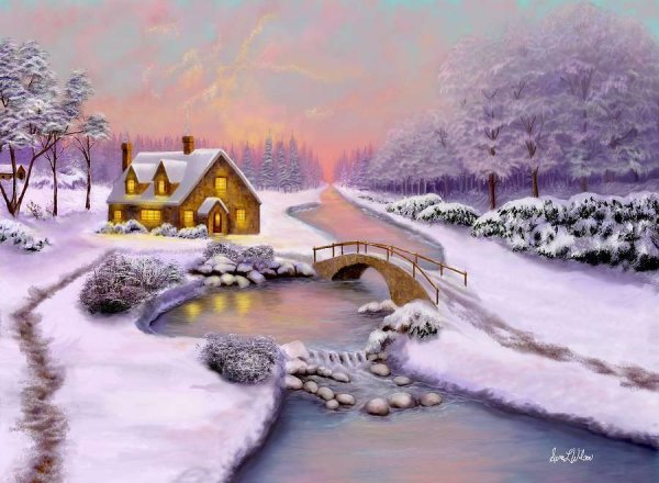 Пейзаж дом на озере зимой