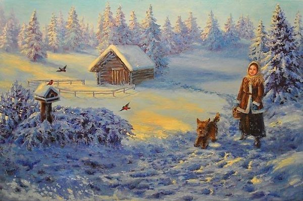 Зимний пейзаж с людьми и животными