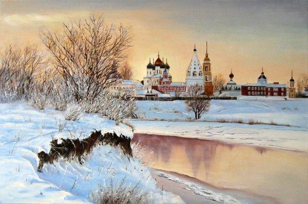 Картины художников 19 века деревня река храм зима